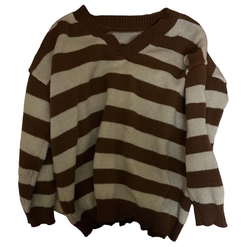 SHEIN Striped Brown&White Detail Pull Over V Neck